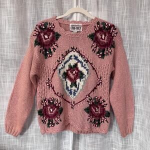 VTG Womens Chunky Knit Sweater L Petite Pink Mauve Rose Floral Granny Cottage